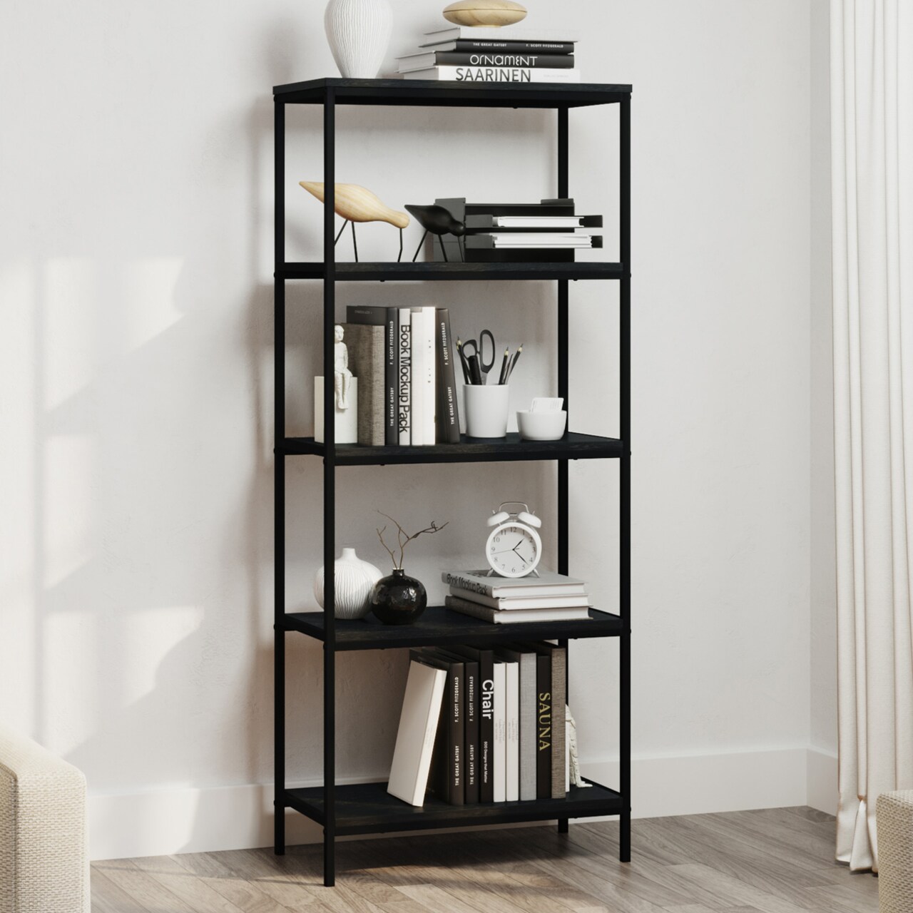 5-Tier Industrial Bookshelf Wooden Etagere Black Steel Frame 56.75 Inch